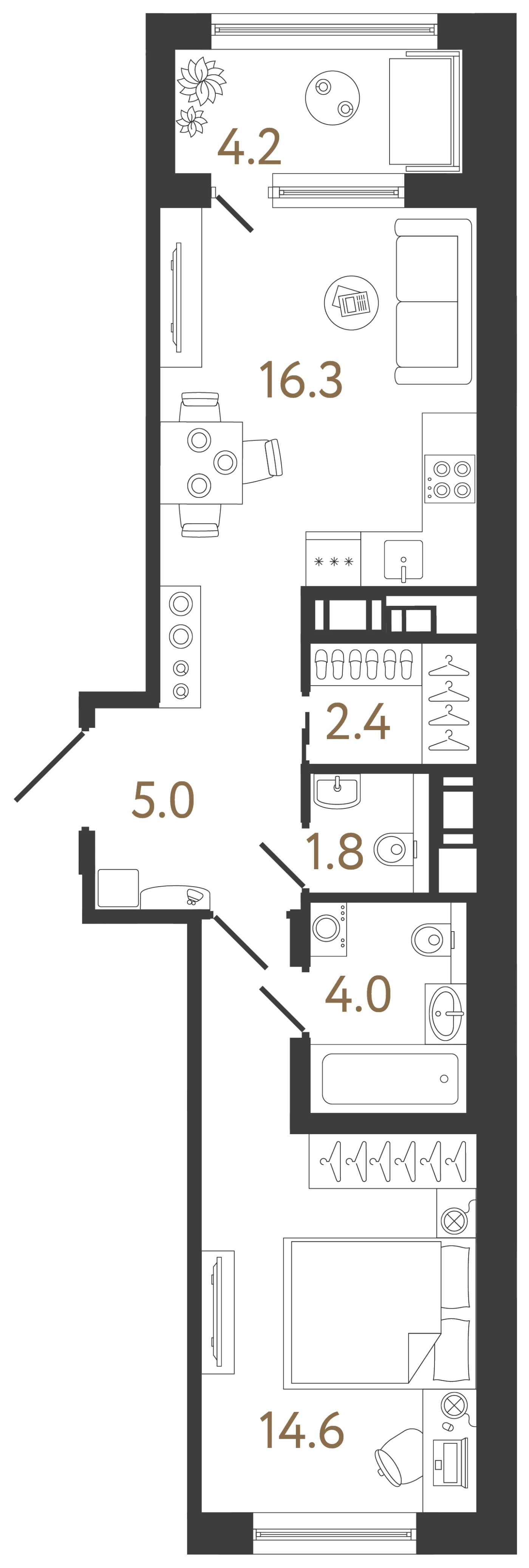 Планировка 1-комнатная 44,1 м² в жилом комплексе «Передвижники 2» — Жилой комплекс «Передвижники 2»