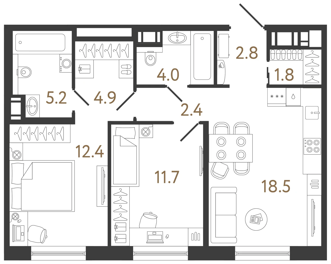 Планировка 2-комнатная 63,7 м² в жилом комплексе «Передвижники 2» — Жилой комплекс «Передвижники 2»