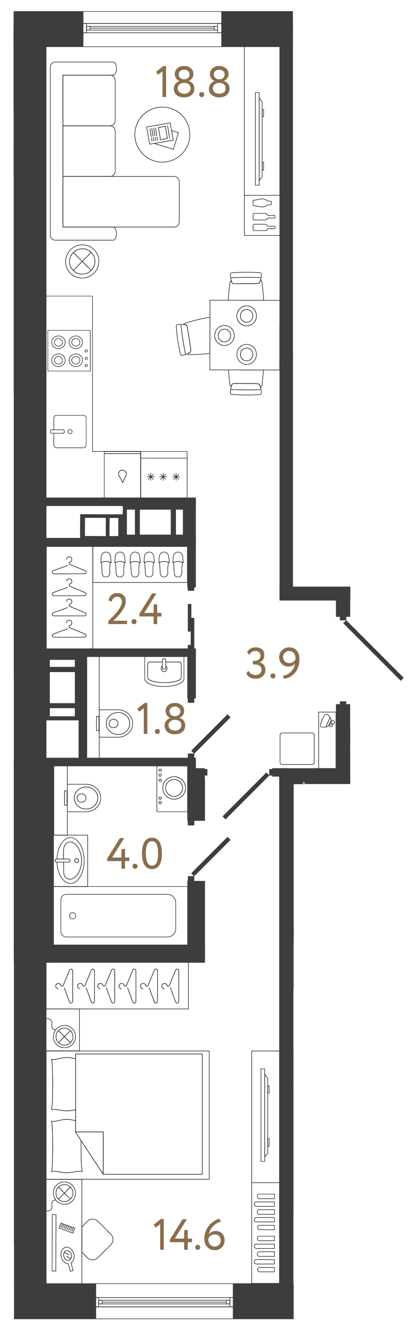 Планировка 1-комнатная 45,5 м² в жилом комплексе «Передвижники 2» — Жилой комплекс «Передвижники 2»