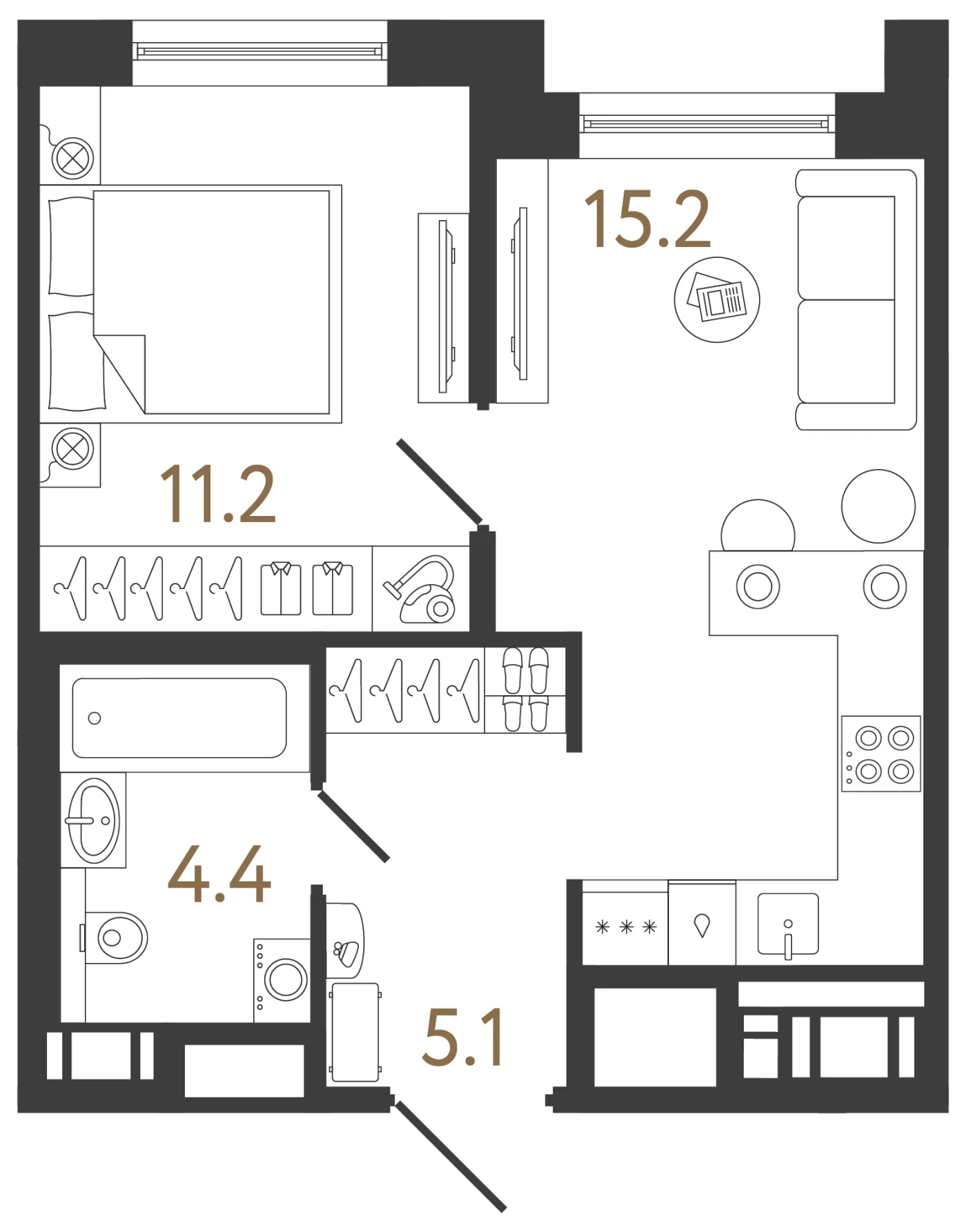 Планировка 1-комнатная 35,9 м² в жилом комплексе «Передвижники 2» — Жилой комплекс «Передвижники 2»