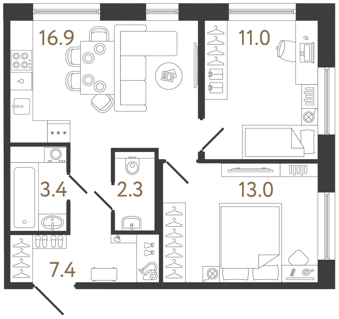 Планировка 2-комнатная 54 м² в жилом комплексе «Передвижники 2» — Жилой комплекс «Передвижники 2»