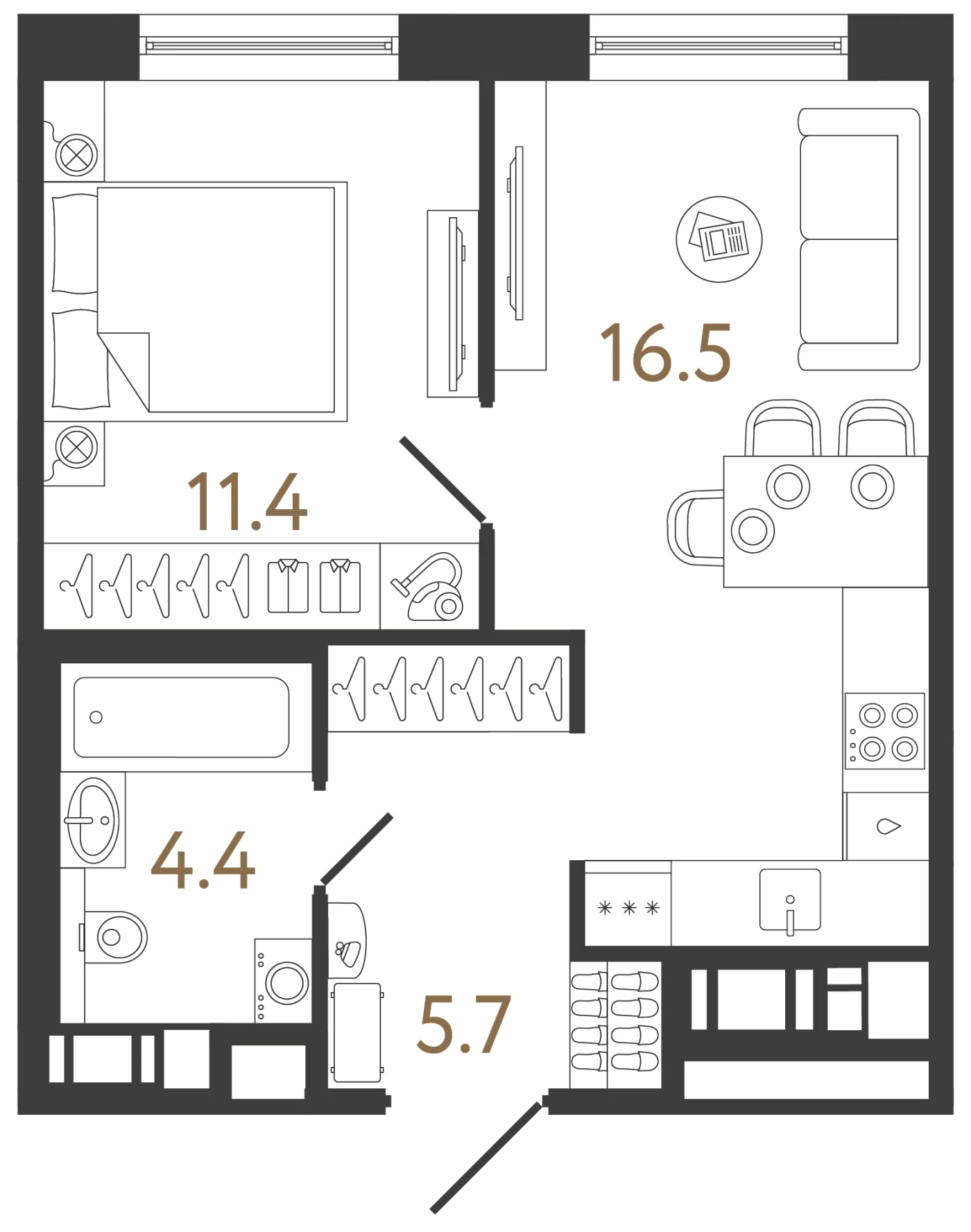 Планировка 1-комнатная 38 м² в жилом комплексе «Передвижники 2» — Жилой комплекс «Передвижники 2»