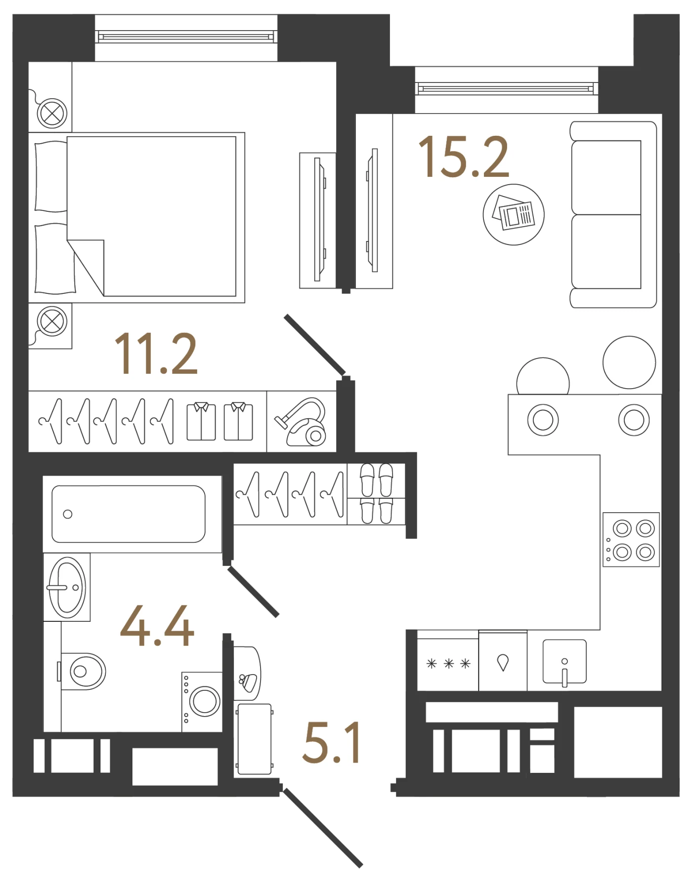 Планировка 1-комнатная 35,9 м² в жилом комплексе «Передвижники 2» — Жилой комплекс «Передвижники 2»