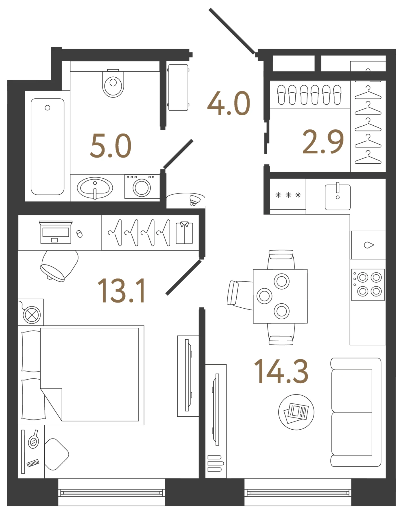 Планировка 1-комнатная 39,3 м² в жилом комплексе «Передвижники 2» — Жилой комплекс «Передвижники 2»