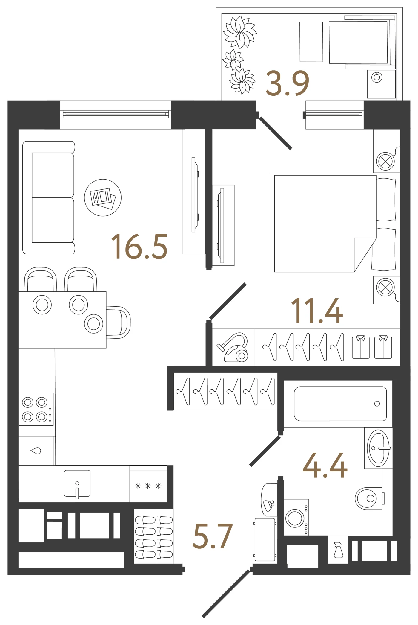Планировка 1-комнатная 38 м² в жилом комплексе «Передвижники 2» — Жилой комплекс «Передвижники 2»