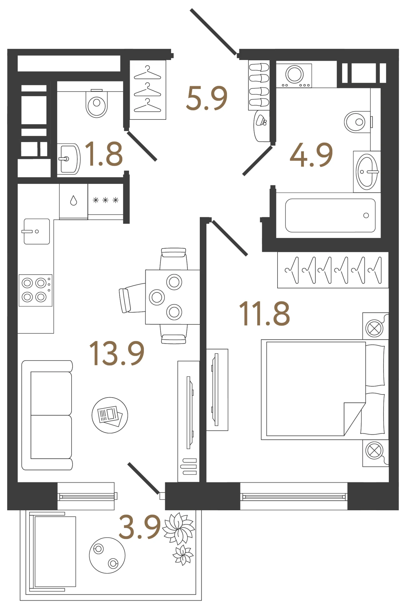 Планировка 1-комнатная 38,3 м² в жилом комплексе «Передвижники 2» — Жилой комплекс «Передвижники 2»