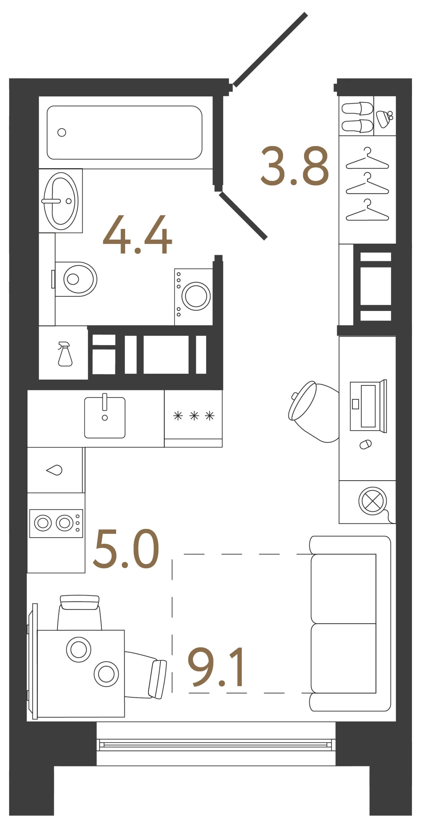 Планировка студия 22,3 м² в жилом комплексе «Передвижники 2» — Жилой комплекс «Передвижники 2»