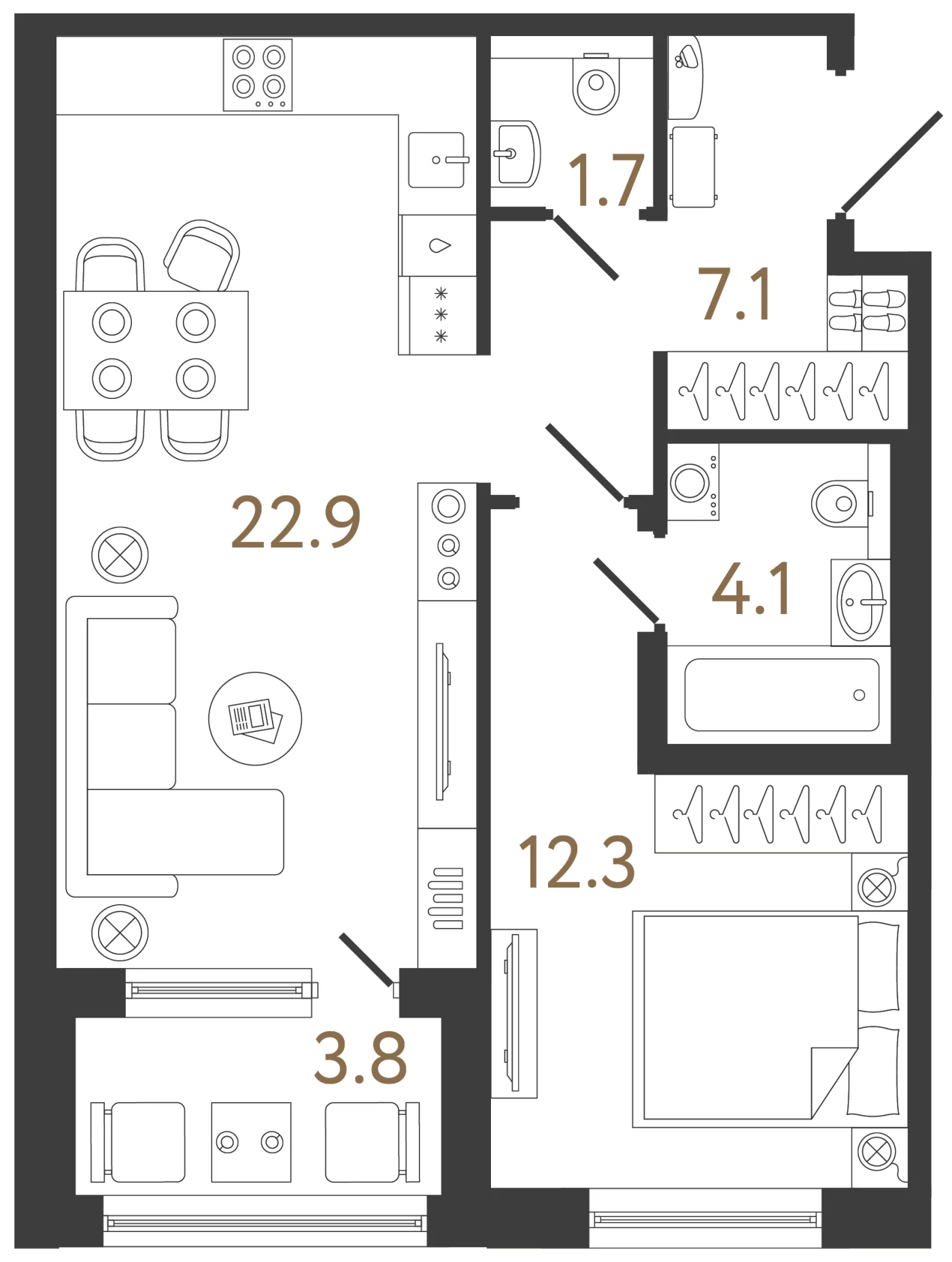 Планировка 1-комнатная 48,1 м² в жилом комплексе «Передвижники 2» — Жилой комплекс «Передвижники 2»