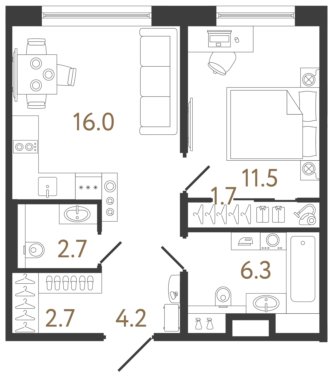 Планировка 1-комнатная 45,1 м² в жилом комплексе «Передвижники 2» — Жилой комплекс «Передвижники 2»
