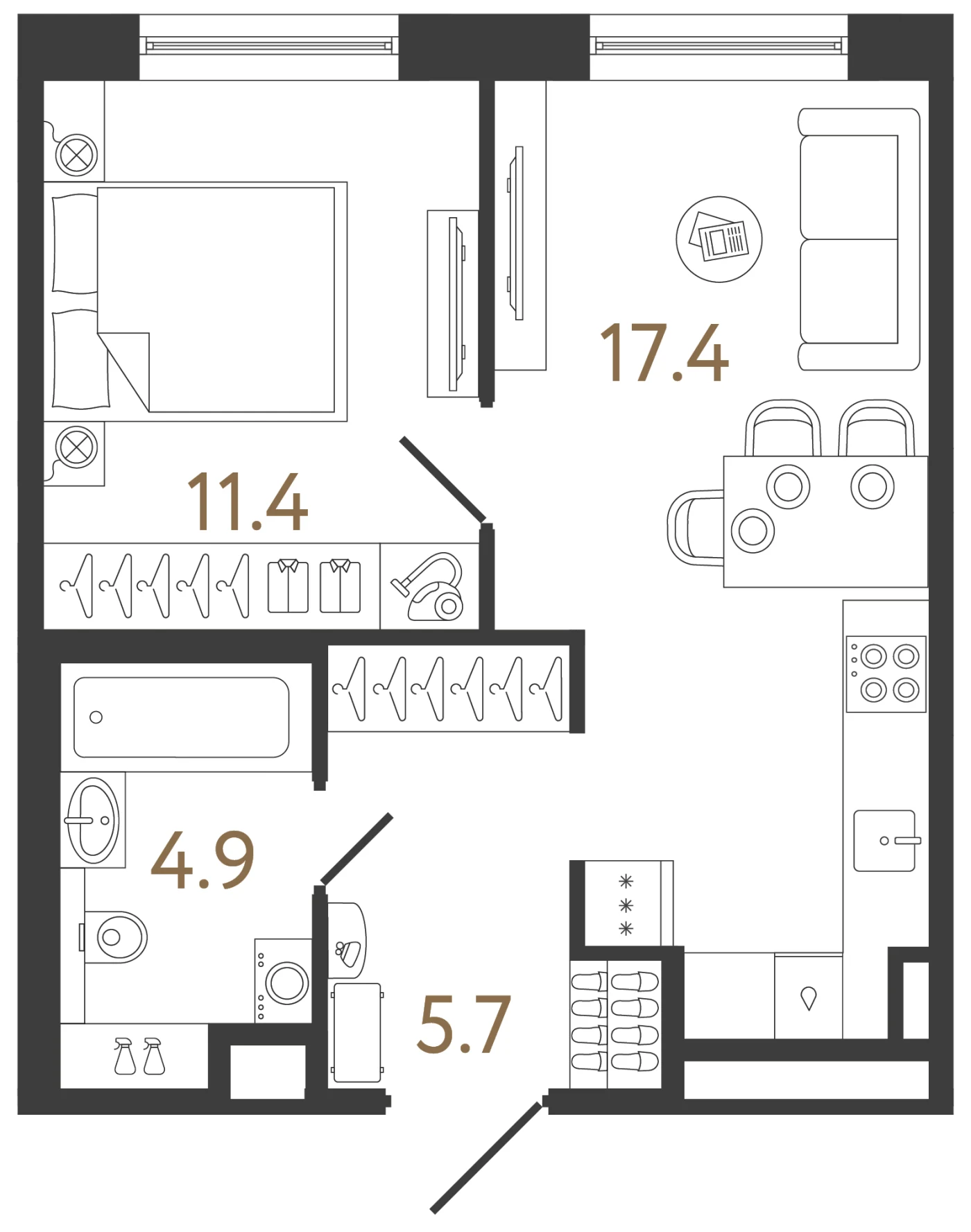Планировка 1-комнатная 39,4 м² в жилом комплексе «Передвижники 2» — Жилой комплекс «Передвижники 2»
