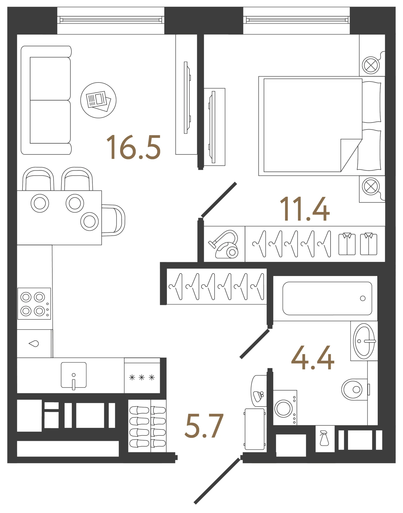 Планировка 1-комнатная 38 м² в жилом комплексе «Передвижники 2» — Жилой комплекс «Передвижники 2»