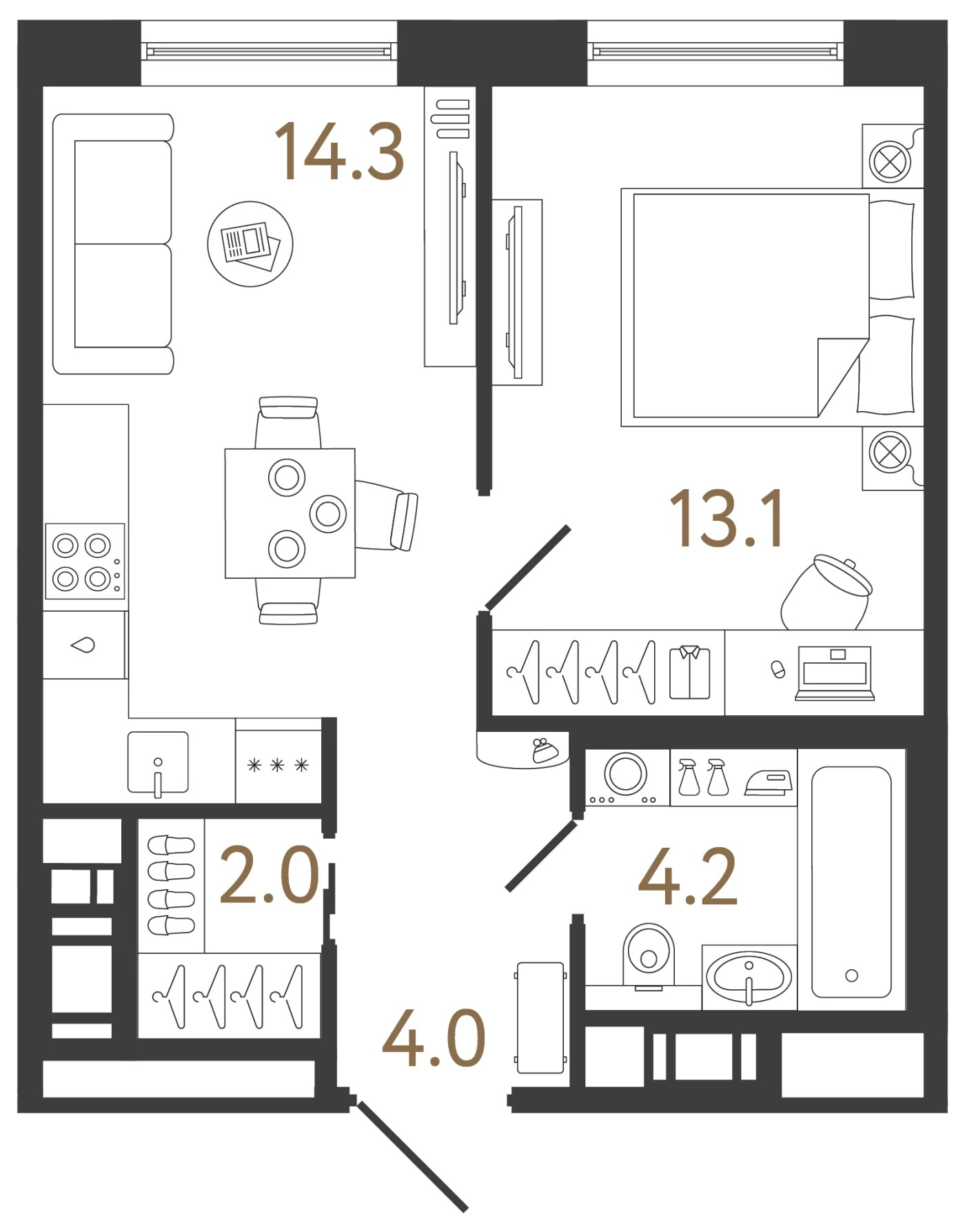 Планировка 1-комнатная 37,6 м² в жилом комплексе «Передвижники 2» — Жилой комплекс «Передвижники 2»