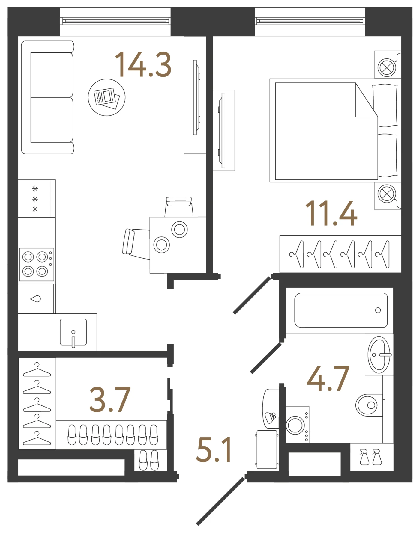 Планировка 1-комнатная 39,2 м² в жилом комплексе «Передвижники 2» — Жилой комплекс «Передвижники 2»