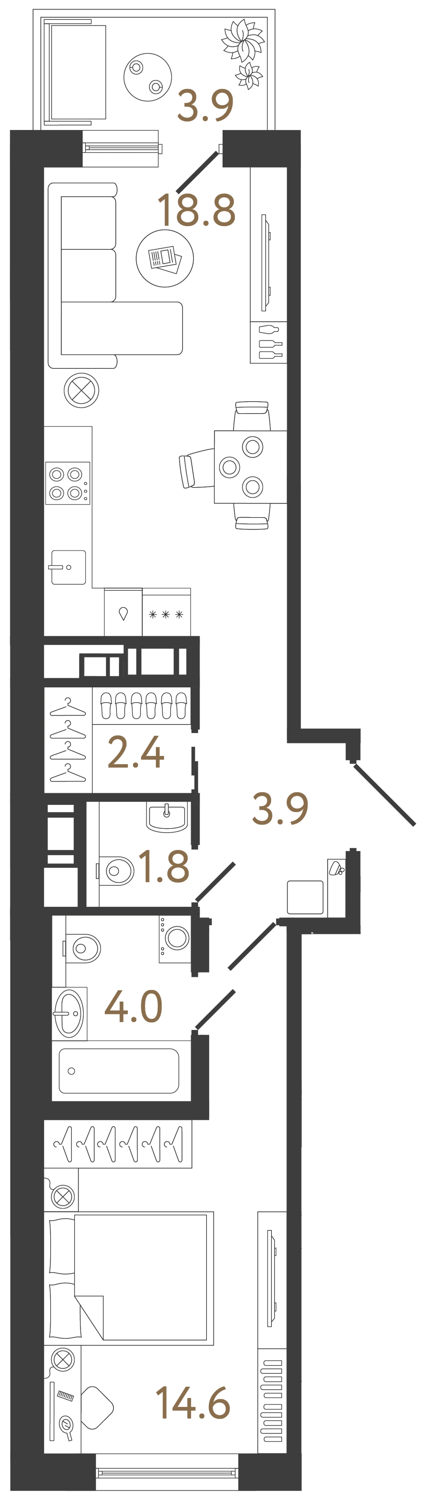 Планировка 1-комнатная 45,5 м² в жилом комплексе «Передвижники 2» — Жилой комплекс «Передвижники 2»