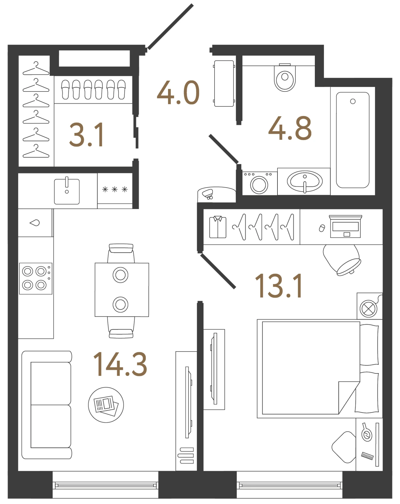 Планировка 1-комнатная 39,3 м² в жилом комплексе «Передвижники 2» — Жилой комплекс «Передвижники 2»