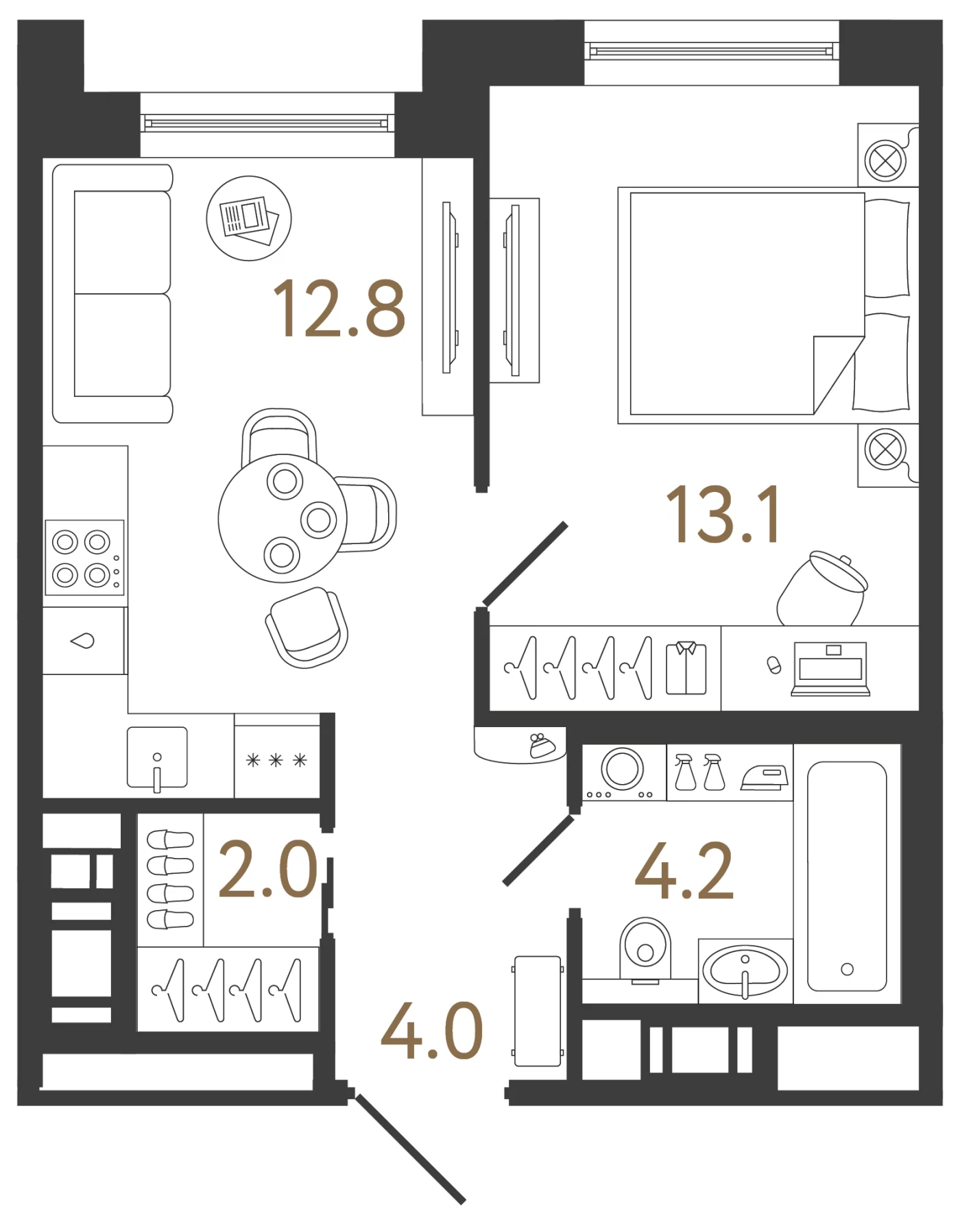 Планировка 1-комнатная 36,1 м² в жилом комплексе «Передвижники 2» — Жилой комплекс «Передвижники 2»