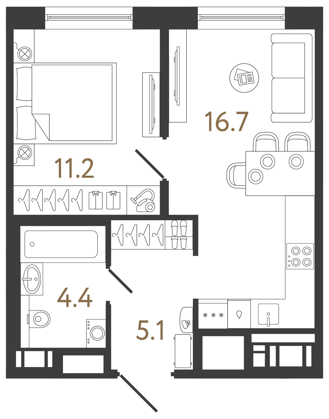 Планировка 1-комнатная 37,4 м² в жилом комплексе «Передвижники 2» — Жилой комплекс «Передвижники 2»