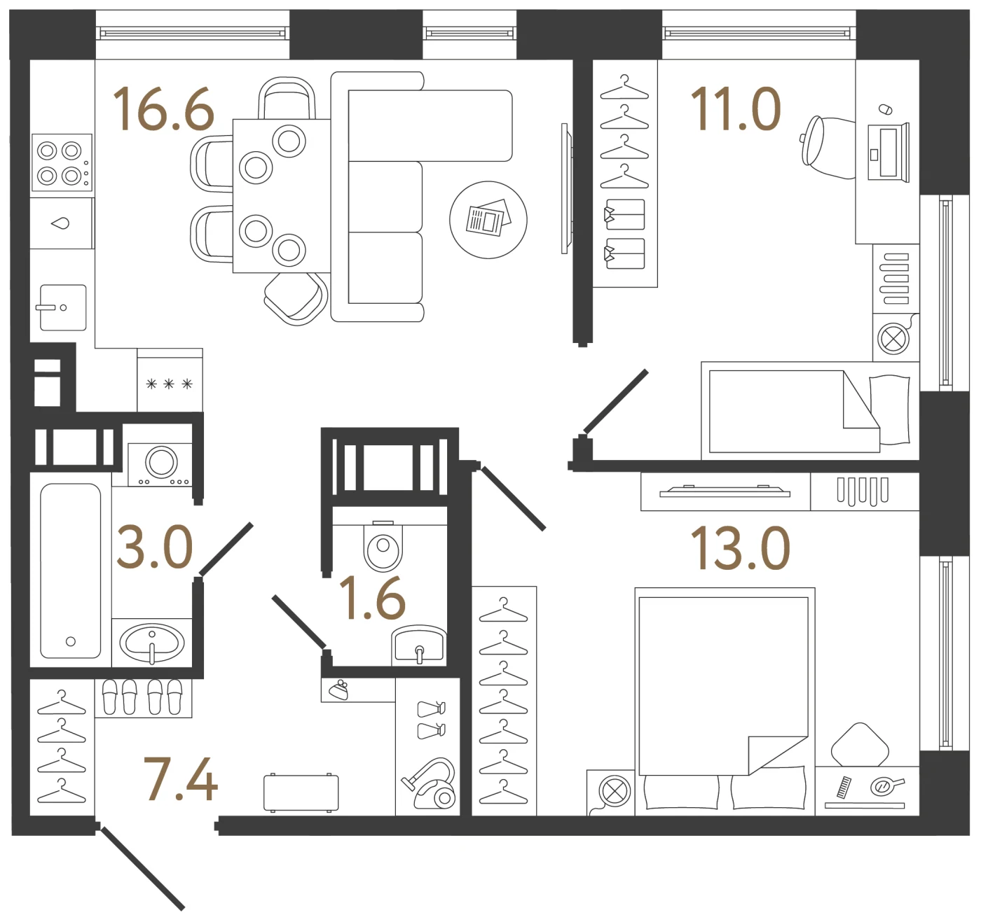 Планировка 2-комнатная 52,6 м² в жилом комплексе «Передвижники 2» — Жилой комплекс «Передвижники 2»