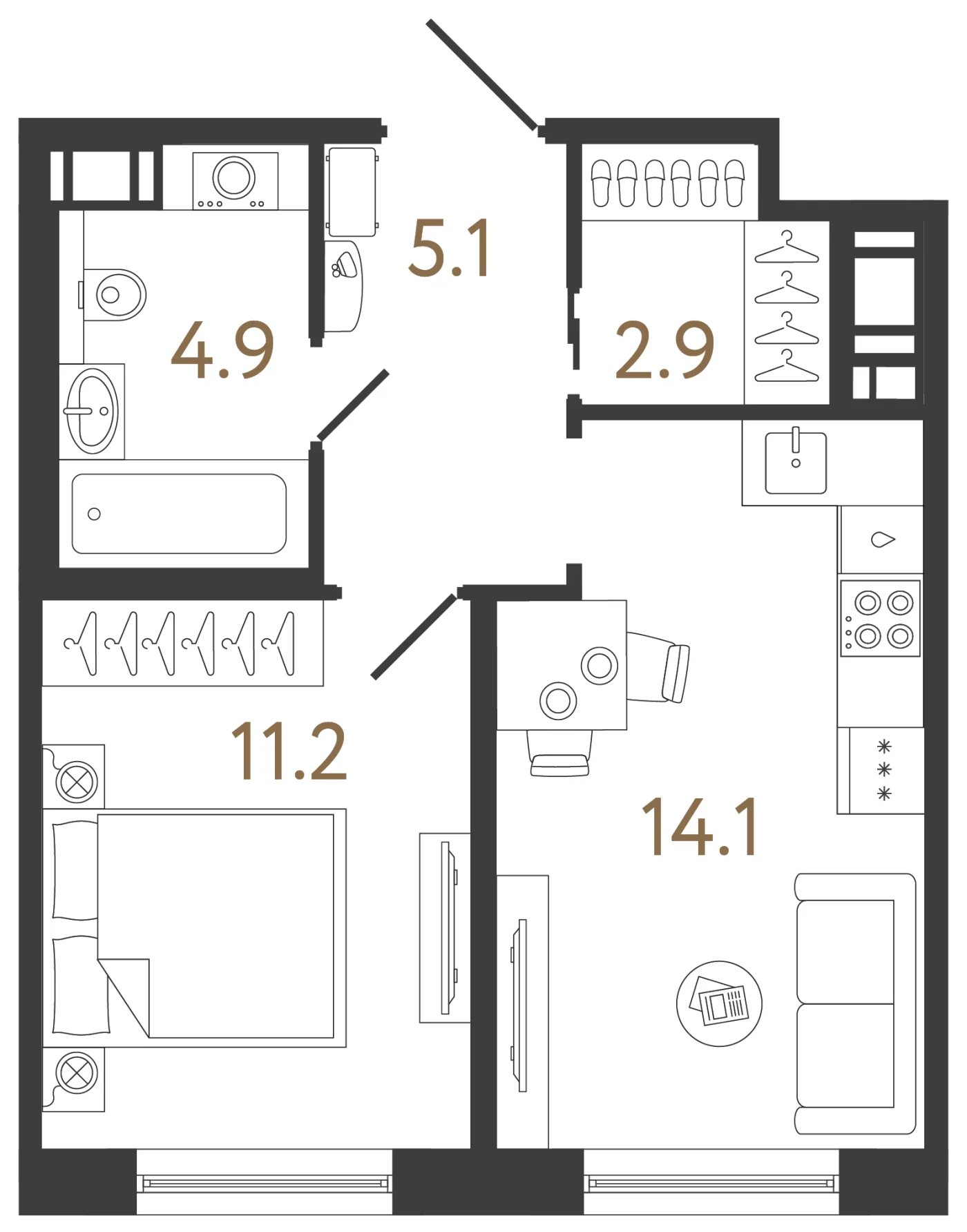 Планировка 1-комнатная 38,2 м² в жилом комплексе «Передвижники 2» — Жилой комплекс «Передвижники 2»