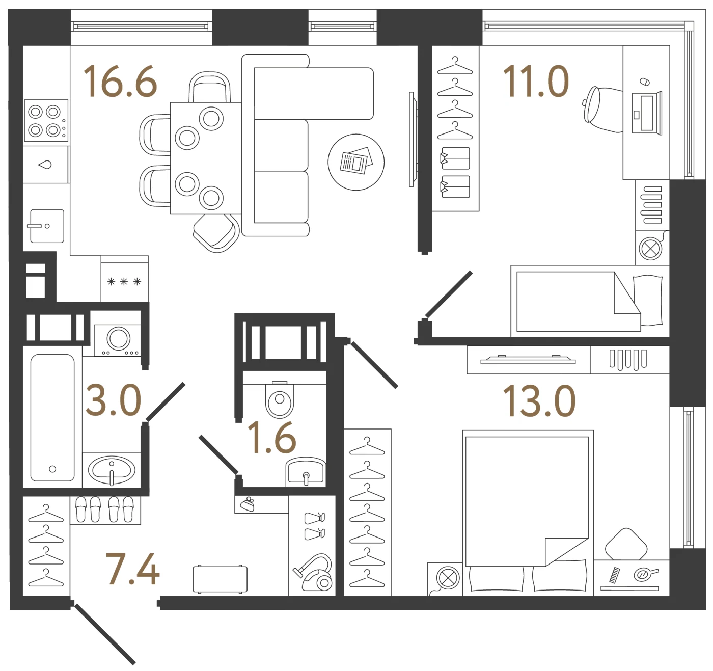 Планировка 2-комнатная 52,6 м² в жилом комплексе «Передвижники 2» — Жилой комплекс «Передвижники 2»
