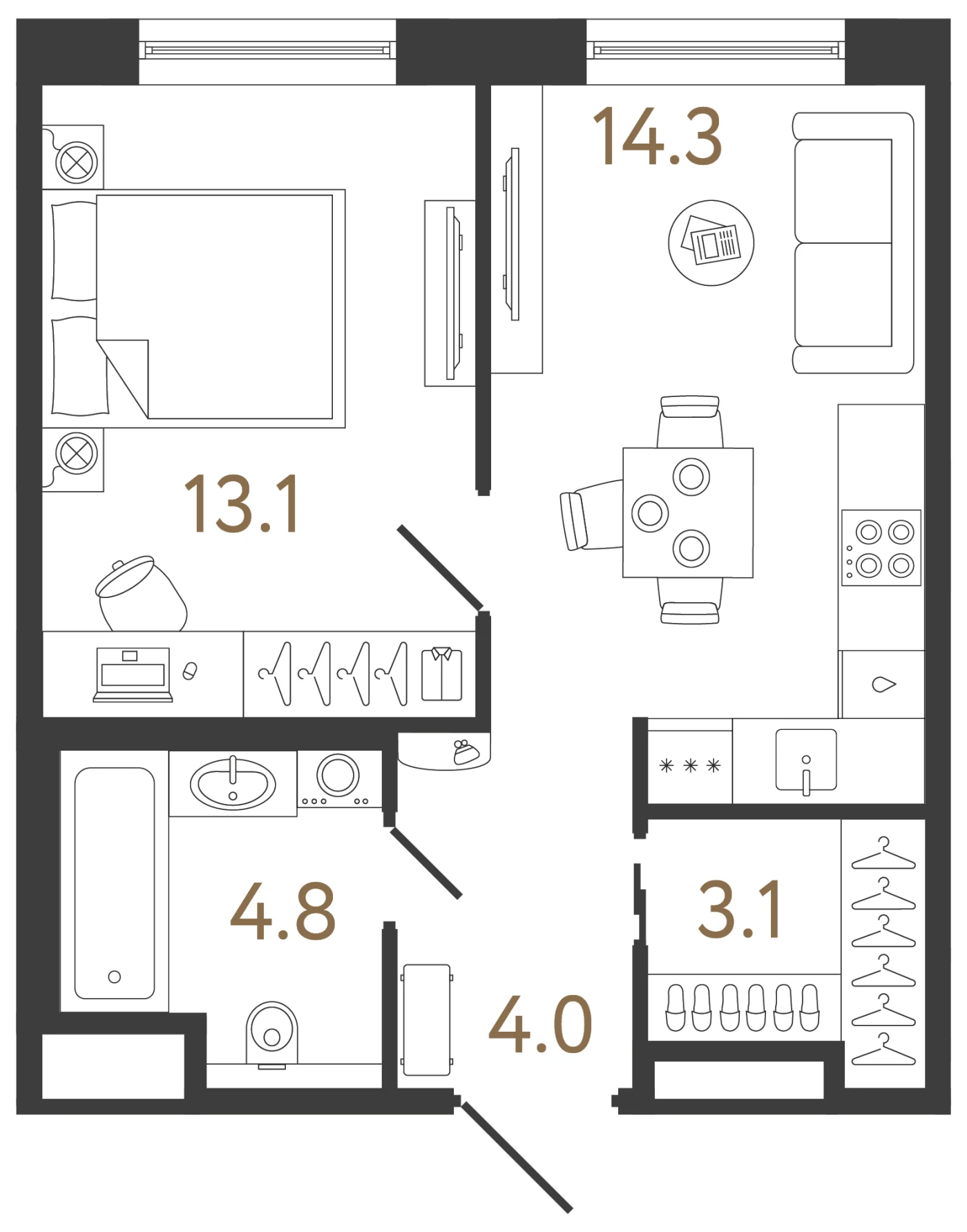 Планировка 1-комнатная 39,3 м² в жилом комплексе «Передвижники 2» — Жилой комплекс «Передвижники 2»