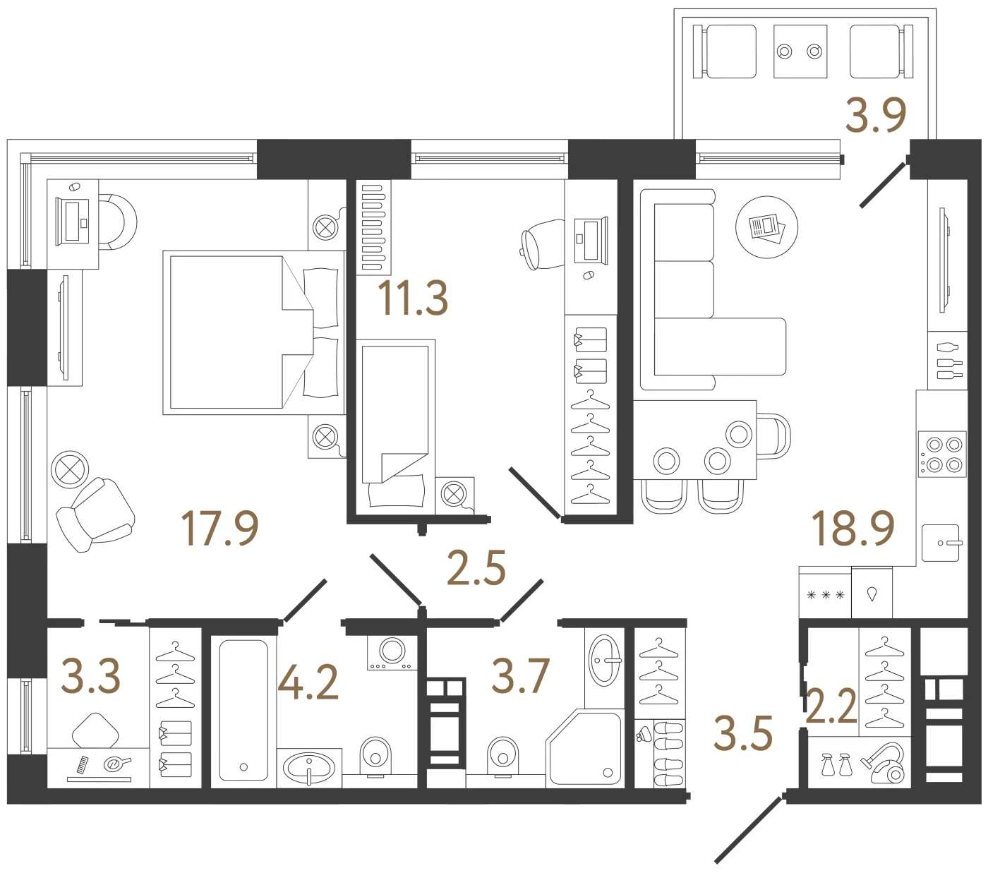 Планировка 2-комнатная 67,5 м² в жилом комплексе «Передвижники 2» — Жилой комплекс «Передвижники 2»