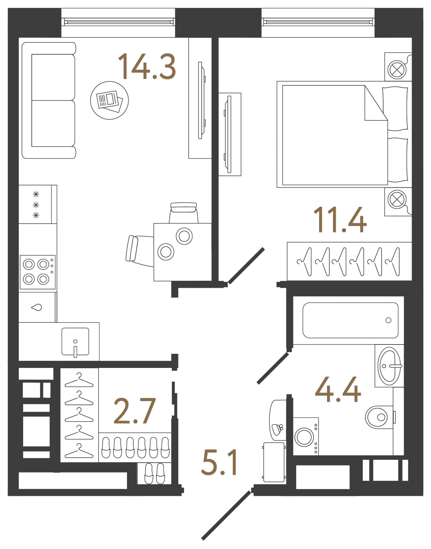 Планировка 1-комнатная 37,9 м² в жилом комплексе «Передвижники 2» — Жилой комплекс «Передвижники 2»