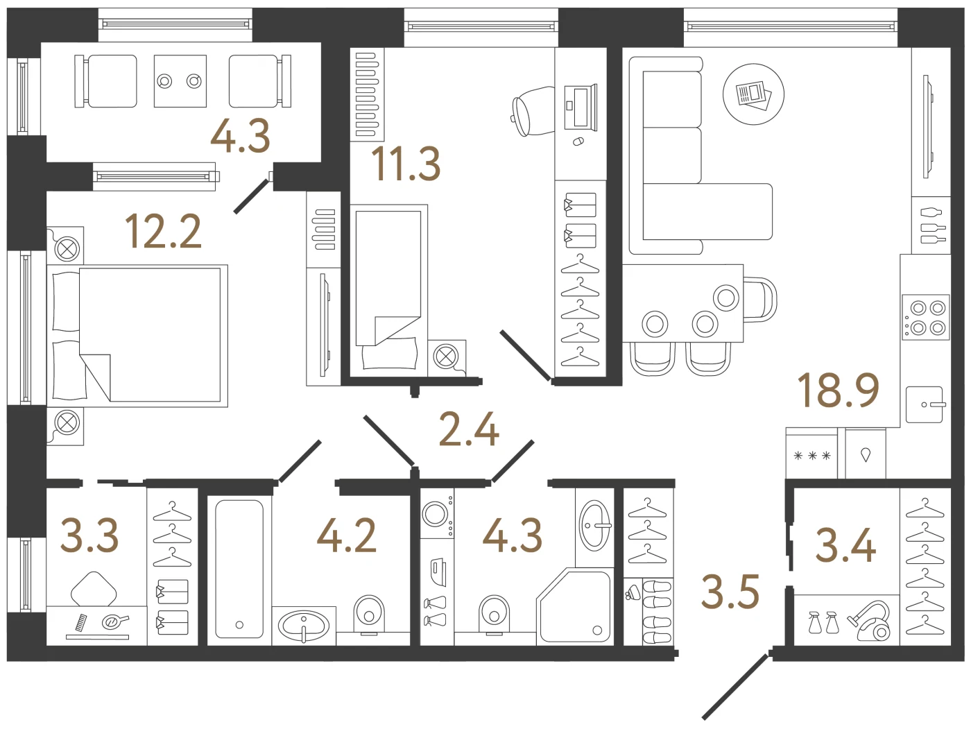 Планировка 2-комнатная 63,5 м² в жилом комплексе «Передвижники 2» — Жилой комплекс «Передвижники 2»